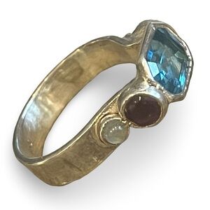 Vintage C + R Pure Silver Blue Topaz, Amethyst, Moonstone Ring Size 6.5